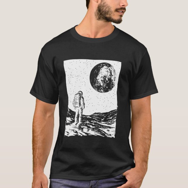 Camiseta Astronauta olhando para a Lua Espaço e Galáxia Exp (Frente)