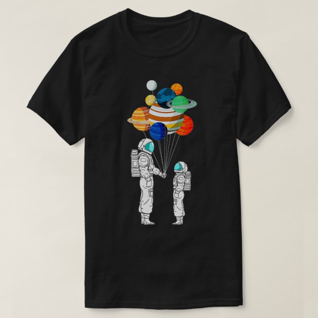 Camiseta Astronauta Planetas do Balão Espaço Lua Galay Estr (Frente do Design)