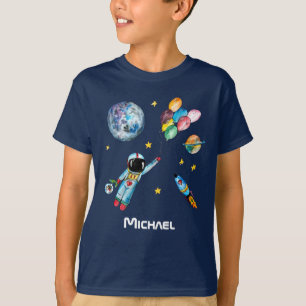Camiseta Astronauta Rainbow Balloons Nome do Espaço Foguet