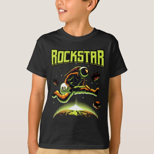 Camiseta Astronauta Rockstar tocando violão no espaço T-Shi (Frente)