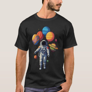 Camiseta Astronauta segurando balões do planeta para STEM K