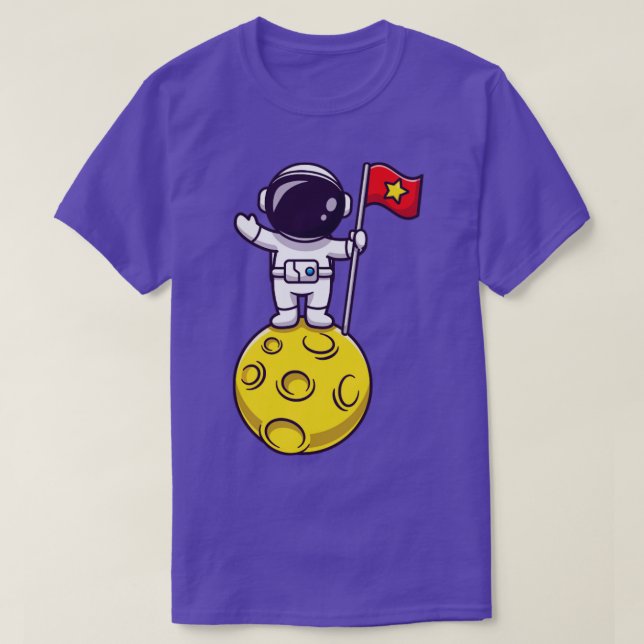 Camiseta Astronauta Segurando Bandeira No Cartoon Da Lua (Frente do Design)