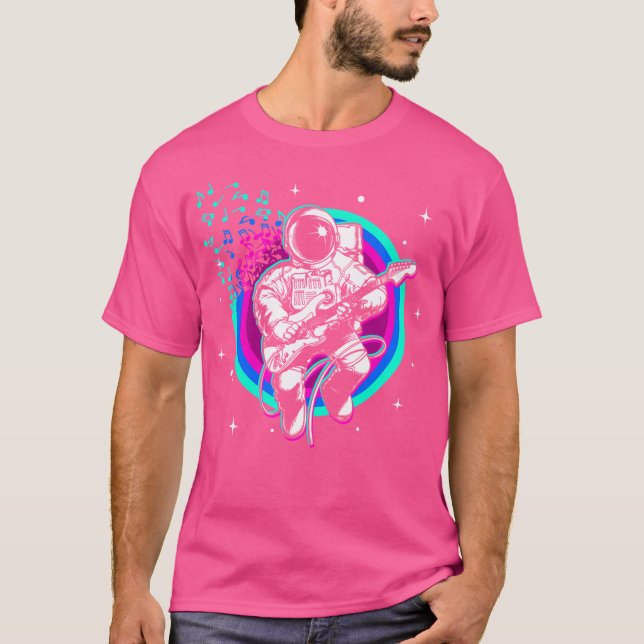 Camiseta Astronauta Tocando Violão Elétrico No Espaço. (Frente)