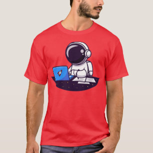Camiseta Astronauta Trabalhando Em Laptop E Cartoon De Escr