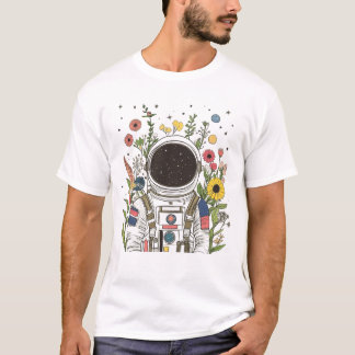 Camiseta astronautas e galáxias de flores