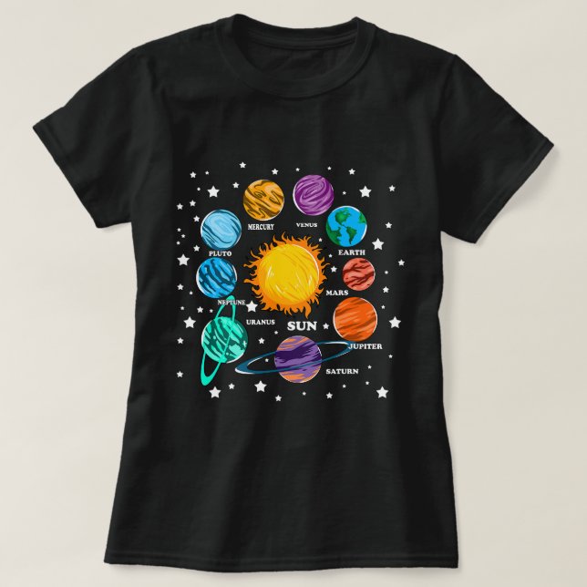 Camiseta Astronomia Filhos do Sol Planetas do Sistema Solar (Frente do Design)