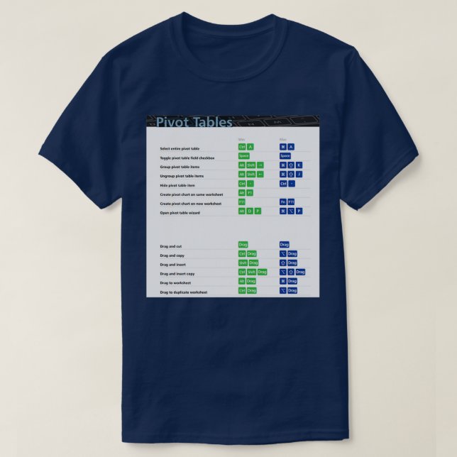 Camiseta Atalhos de Teclado do Mesa Excel Dinâmico Atalho d (Frente do Design)