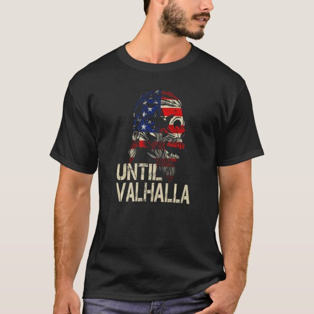 Camiseta Até Valhalla Skull Viking Odin American Flag (Frente)