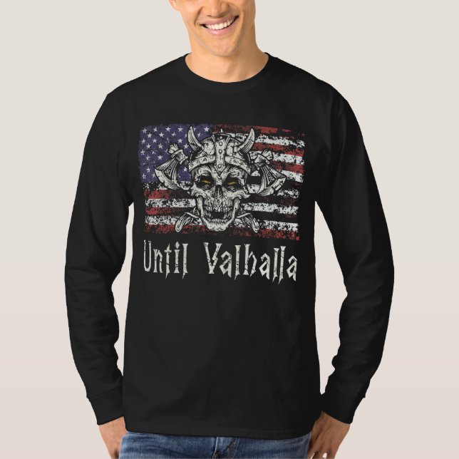 Camiseta Até Valhalla Viking Usa Flag Til Valhalla Retro (Frente)
