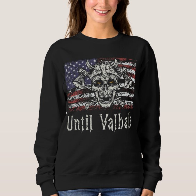 Camiseta Até Valhalla Viking Usa Flag Til Valhalla Retro (Frente)