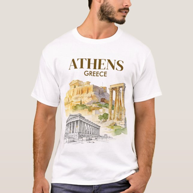 Camiseta Athens Greece Acropolis Watercolor Sketch Custom (Frente)