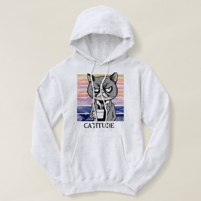 Camiseta Atitude Cat "Catitude" Pullover, Gato Engraçado Mã (Frente do Design)