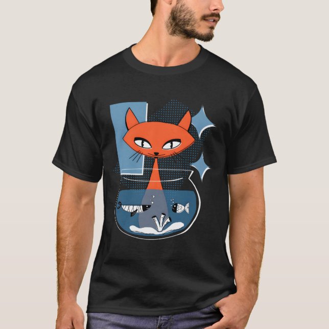 Camiseta Atomic Cat With Fish Bowl Mid Century Modern Style (Frente)