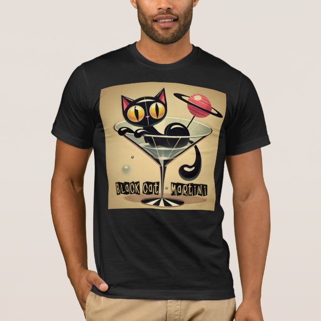 Camiseta Atomic Futuristic Space Age Black Cat Martini (Frente)
