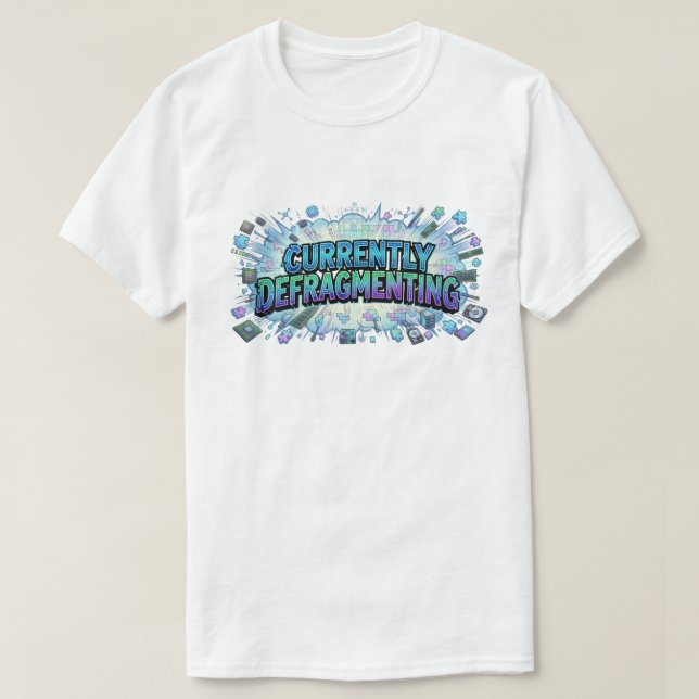 Camiseta Atualmente Desfragmentando Quadrinho Geek de Tecno (Frente do Design)
