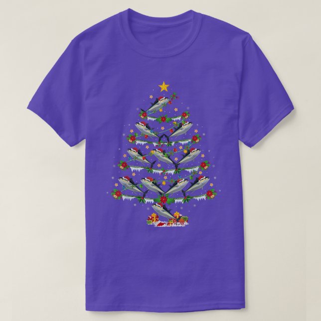 Camiseta Atum-azul Pescado Povoado Luzes Xmas Atum Natal (Frente do Design)