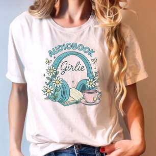 Camiseta Audiobook Girlie Blue Books e Fones de ouvido