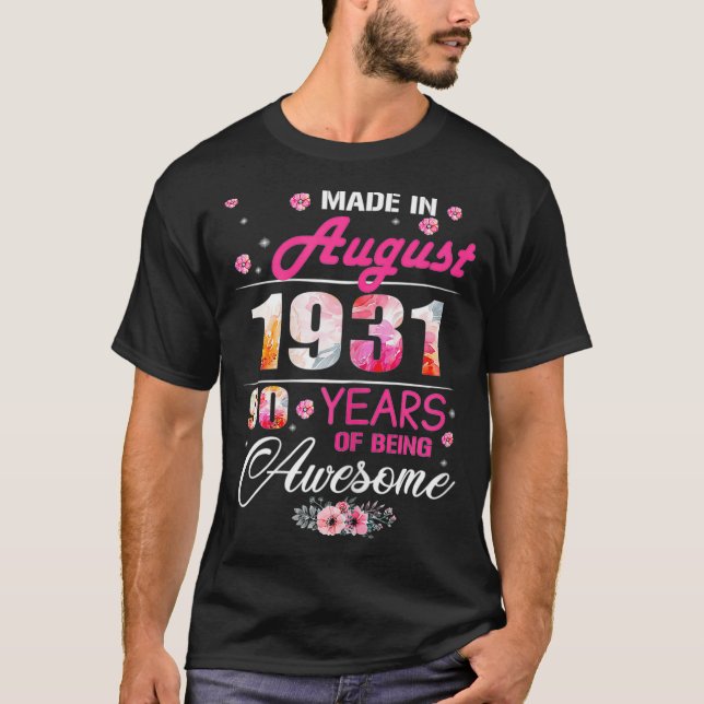Camiseta August Girls 1931 Aniversário Presente 90 Anos Fei (Frente)