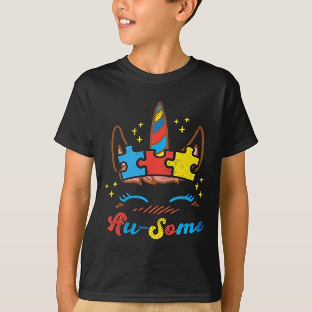 Camiseta Ausome Unicorn Face Quebra-cabeça Autismo Consciên (Frente)