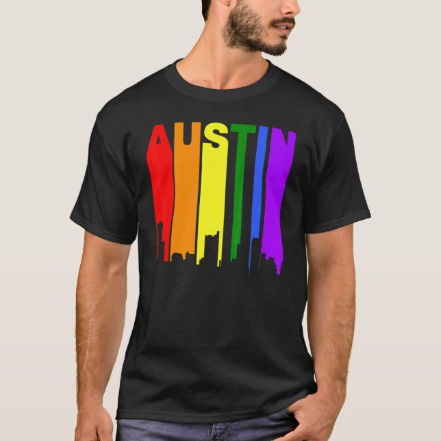 Camiseta Austin Texas Lgbtq Orgulho gay Rainbow Skyline (Frente)