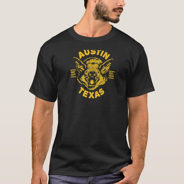 Camiseta AUSTIN TX com Ilustração da Cabeça de Bat Est Esta (Frente)