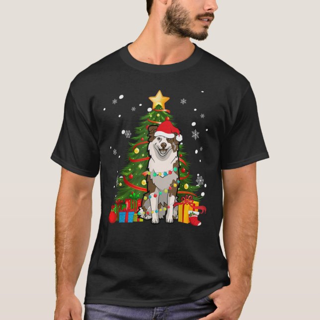 Camiseta Australian shepherd Santa Christmas Tree Light (Frente)