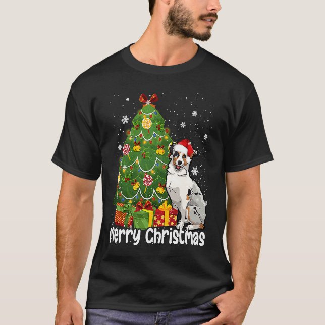 Camiseta Australian Shepherd Santa Christmas Tree Lights Xm (Frente)