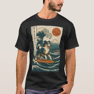 Camiseta Australian Shepherd Surfando Onda Japonesa