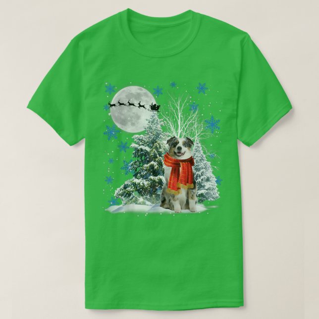Camiseta Australian Shepherd Under Moonlight Snow Christmas (Frente do Design)