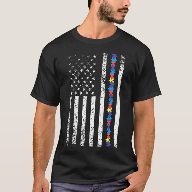 Camiseta Autism American Flag Puzzle Piece Products Awarene (Frente)
