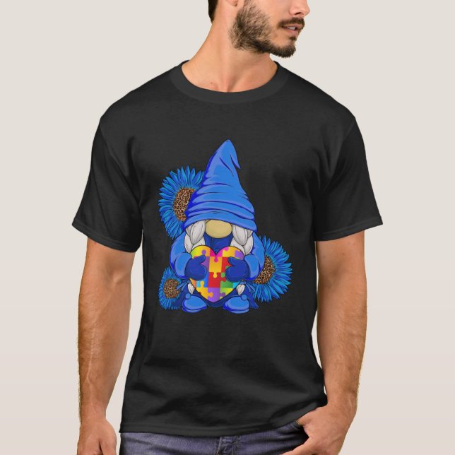 Camiseta Autism Awareness Blue Gnome with Leopard Sunflower (Frente)