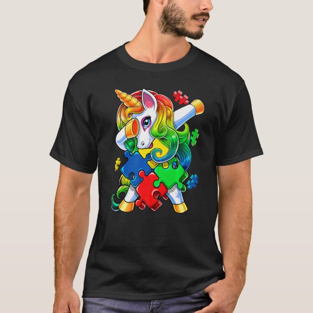 Camiseta Autism Awareness Dabbing Unicorn Puzzle Piece For  (Frente)
