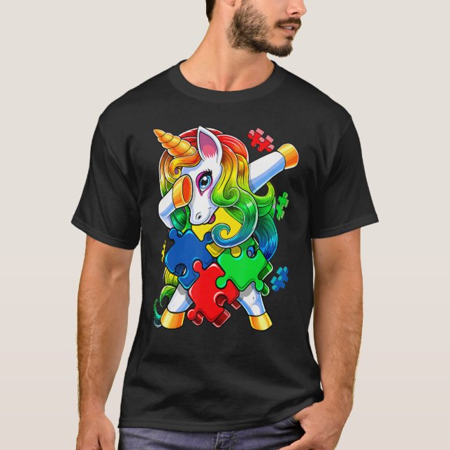 Camiseta Autism Awareness Dabbing Unicorn Puzzle Piece For  (Frente)