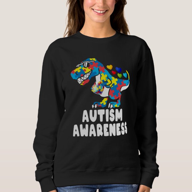 Camiseta Autism Awareness Dinosaur Rex Heart Puzzle Pieces  (Frente)