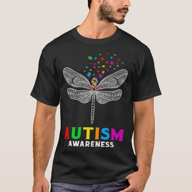 Camiseta Autism Awareness Dragonfly Puzzle Pieces Support A (Frente)