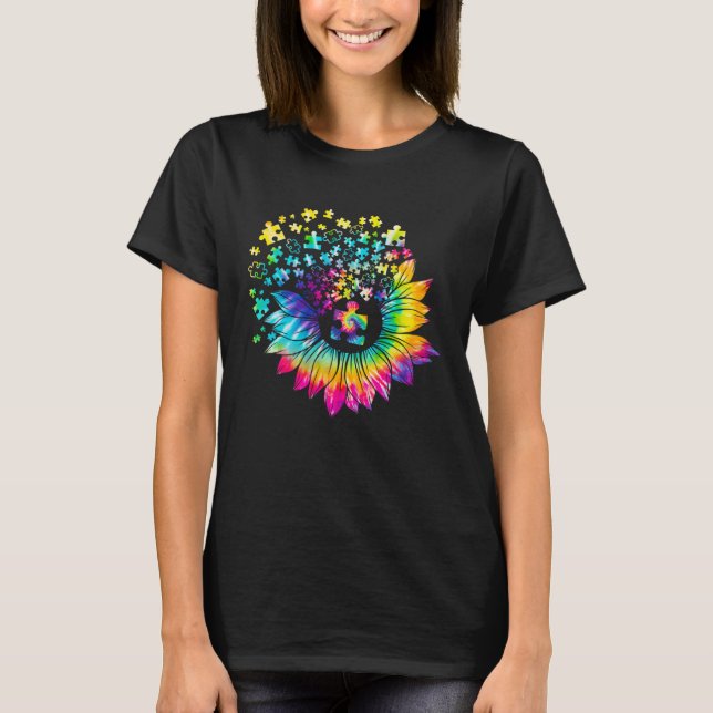 Camiseta Autism Awareness  Tie Dye Sunflower Puzzle (Frente)