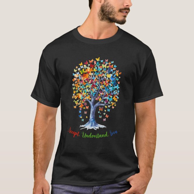 Camiseta Autism Butterfly Tree - Acceptance, Understanding, (Frente)