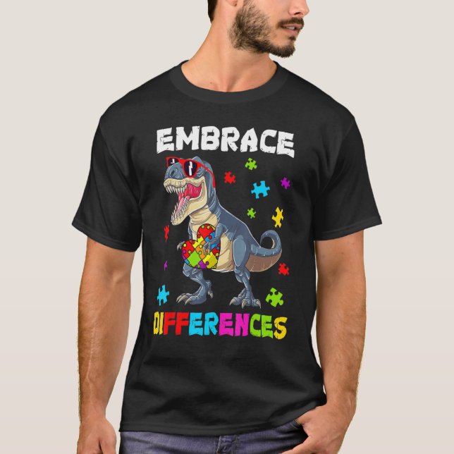 Camiseta Autism Embrace Differences Dinosaur Rex Kids Cute  (Frente)