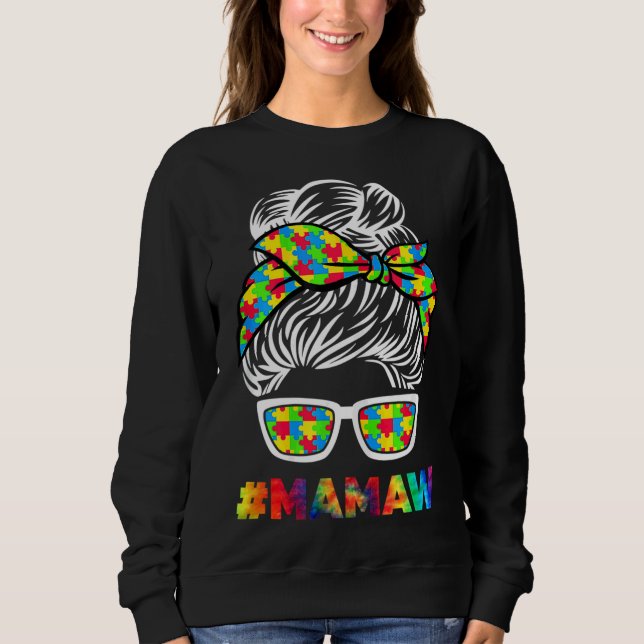 Camiseta Autism Mamaw Messaw Bun Sunglass Bandana Mãe D (Frente)