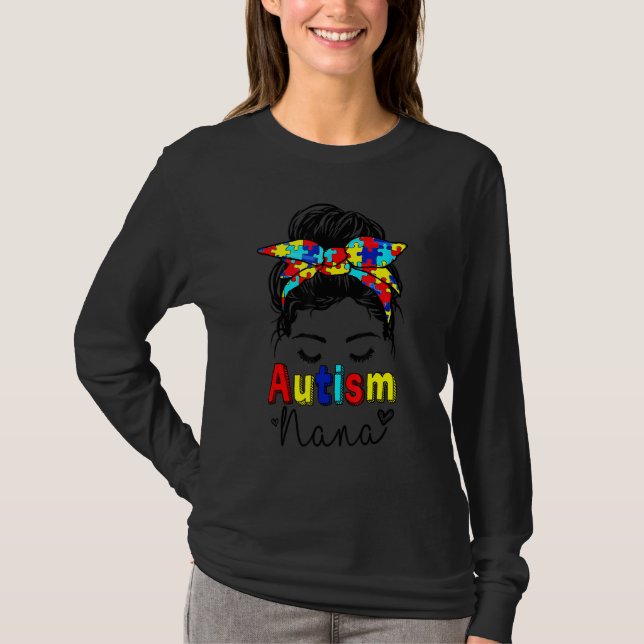 Camiseta Autism Nana Messy Bun Sunglass Bandana Seja gentil (Frente)