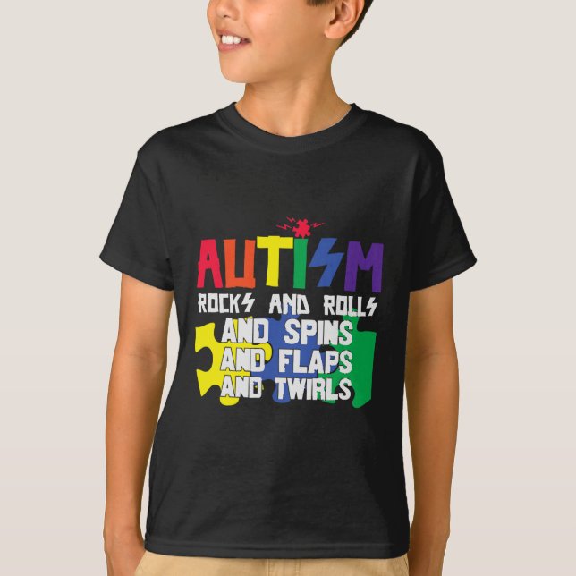 Camiseta Autism Rocks Rolls Gira Flaps E Twirts (Frente)