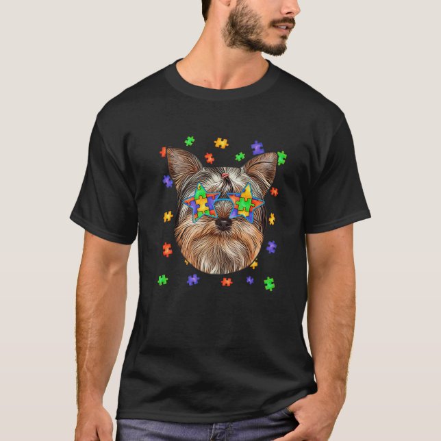 Camiseta Autism Yorkshire Terrier Dog Quebra-cabeça Sunglas (Frente)
