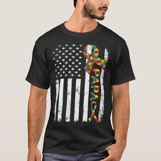 Camiseta Autismo Afastado Papa Família de Bandeiras America (Frente)