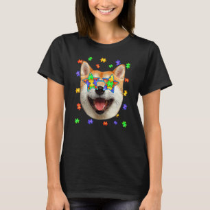 Camiseta Autismo bonito Shiba Inu Cão Quebra-cabeça Óculos