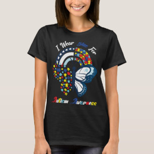 Camiseta Autismo Borboleta Arco-Íris Eu Visto Azul Para Aut