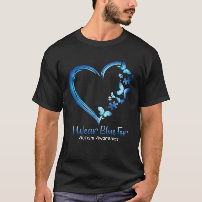 Camiseta Autismo Borboleta Cardíaca Eu Visto Azul Para Auti (Frente)