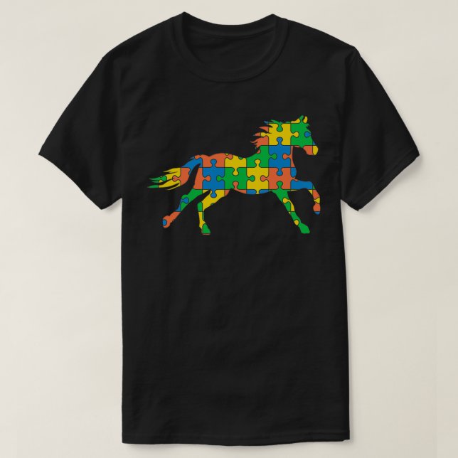 Camiseta Autismo Cavalo Autismo Mês Fita Quebra-cabeça Dife (Frente do Design)
