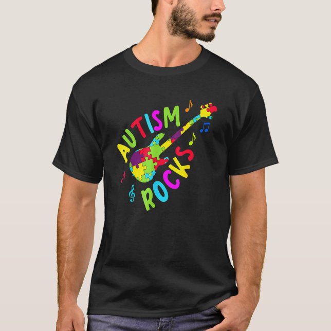 Camiseta Autismo Choca Peças de Quebra-Cabeça de Guitarra d (Frente)