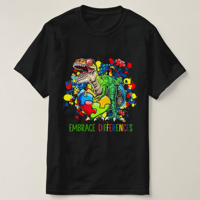Camiseta Autismo Diferenças de Embrace Dinossauro T-Rex Cri (Frente do Design)