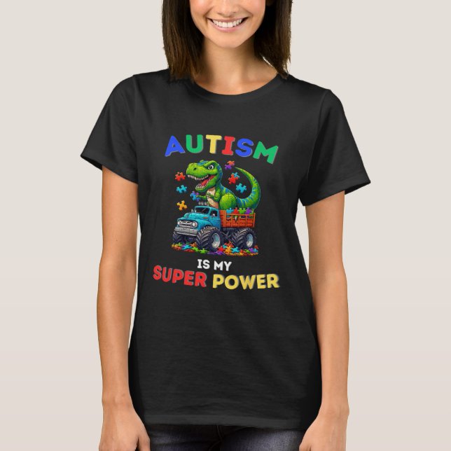 Camiseta Autismo do Dinossauro Trex é Meu Superpoder Consci (Frente)